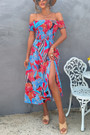 Summer New Off The Shoulder Flower Batch Printing Stretch Slit Midi Dress #2#