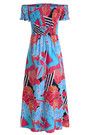 Summer New Off The Shoulder Flower Batch Printing Stretch Slit Midi Dress #2#