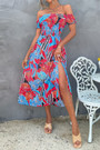 Summer New Off The Shoulder Flower Batch Printing Stretch Slit Midi Dress #2#
