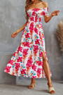 Summer New Off The Shoulder Flower Batch Printing Stretch Slit Midi Dress