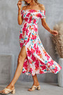 Summer New Off The Shoulder Flower Batch Printing Stretch Slit Midi Dress
