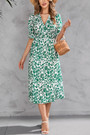 Summer New Plue Size 2 Colors Floral Batch Printing Micro-Elastic V Neck Nipped Waist Shirring Slit Sytlish Casual Midi Dress