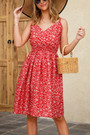 Summer New Plus Size 2 Colors Floral Batch Printing Micro-Elastic V Neck Nipped Waist Smocked Swing Stylish Retro Spaghetti String Mini Dress