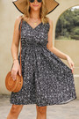 Summer New Plus Size 2 Colors Floral Batch Printing Micro-Elastic V Neck Nipped Waist Smocked Swing Stylish Retro Spaghetti String Mini Dress