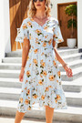Summer New Plus Size 3 Colors Floral Batch Printing Micro-Elastic V Neck Nipped Waist Smocked Ruffle Single Breasted Botton Swing Stylish Holiday Midi Dress