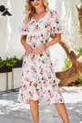 Summer New Plus Size 3 Colors Floral Batch Printing Micro-Elastic V Neck Nipped Waist Smocked Ruffle Single Breasted Botton Swing Stylish Holiday Midi Dress