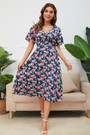 Summer New Plus Size 4 Colors Inelastic Batch Printing Lace-Up V-Neck Backless Stylish Casual Midi Dress