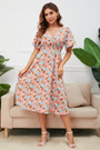 Summer New Plus Size 4 Colors Inelastic Batch Printing Lace-Up V-Neck Backless Stylish Casual Midi Dress