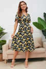 Summer New Plus Size 4 Colors Inelastic Batch Printing Lace-Up V-Neck Backless Stylish Casual Midi Dress