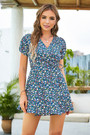 Summer New Plus Size 4 Colors Inelastic Floral Batch Printing V-Neck Short Sleeves Lace-Up Casual Mini Dress