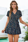 Summer New Plus Size 4 Colors Inelastic Floral Batch Printing V-Neck Short Sleeves Lace-Up Casual Mini Dress
