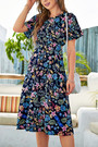 Summer New Plus Size Chiffon Floral Batch Printing Micro-Elastic Crew Neck Short Sleeve Hollow Shirring Swing Stylish Holiday Midi Dress