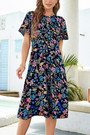 Summer New Plus Size Chiffon Floral Batch Printing Micro-Elastic Crew Neck Short Sleeve Hollow Shirring Swing Stylish Holiday Midi Dress