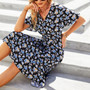 Summer New Plus Size Chiffon Floral Batch Printing Micro-Inelastic V Neck Nipped Waist Smocked Ruffle Swing Stylish Retro Midi Dress
