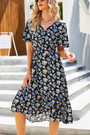 Summer New Plus Size Chiffon Floral Batch Printing Micro-Inelastic V Neck Nipped Waist Smocked Ruffle Swing Stylish Retro Midi Dress