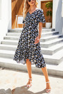 Summer New Plus Size Chiffon Floral Batch Printing Micro-Inelastic V Neck Nipped Waist Smocked Ruffle Swing Stylish Retro Midi Dress