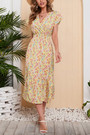 Summer New Plus Size Chiffon Floral & Leaf Batch Printing Micro-Elastic V Neck Nipped Waist Smocked Ruffle Swing Stylish Bohemian Holiday Midi Dress