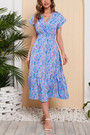 Summer New Plus Size Chiffon Floral & Leaf Batch Printing Micro-Elastic V Neck Nipped Waist Smocked Ruffle Swing Stylish Bohemian Holiday Midi Dress