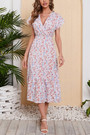 Summer New Plus Size Chiffon Floral & Leaf Batch Printing Micro-Elastic V Neck Nipped Waist Smocked Ruffle Swing Stylish Bohemian Holiday Midi Dress
