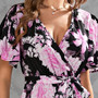 Summer New Plus Size Floral Batch Printing Inelastic V Neck Cross Design Tie-Waist Ruffle Swing Stylish Holiday Midi Dress(With Belt)