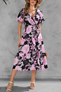 Summer New Plus Size Floral Batch Printing Inelastic V Neck Cross Design Tie-Waist Ruffle Swing Stylish Holiday Midi Dress(With Belt)