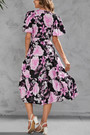 Summer New Plus Size Floral Batch Printing Inelastic V Neck Cross Design Tie-Waist Ruffle Swing Stylish Holiday Midi Dress(With Belt)
