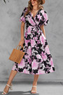 Summer New Plus Size Floral Batch Printing Inelastic V Neck Cross Design Tie-Waist Ruffle Swing Stylish Holiday Midi Dress(With Belt)