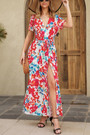 Summer New Plus Size Floral Batch Printing Inelastic V Neck Tie Waist High Slit Swing Stylish Holiday Maxi Dress(With Belt)