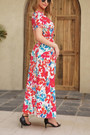 Summer New Plus Size Floral Batch Printing Inelastic V Neck Tie Waist High Slit Swing Stylish Holiday Maxi Dress(With Belt)