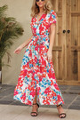 Summer New Plus Size Floral Batch Printing Inelastic V Neck Tie Waist High Slit Swing Stylish Holiday Maxi Dress(With Belt)
