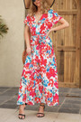 Summer New Plus Size Floral Batch Printing Inelastic V Neck Tie Waist High Slit Swing Stylish Holiday Maxi Dress(With Belt)