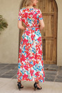 Summer New Plus Size Floral Batch Printing Inelastic V Neck Tie Waist High Slit Swing Stylish Holiday Maxi Dress(With Belt)