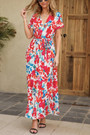 Summer New Plus Size Floral Batch Printing Inelastic V Neck Tie Waist High Slit Swing Stylish Holiday Maxi Dress(With Belt)