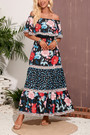 Summer New Plus Size Floral Batch Printing Micro-Elastic Off Shoulder Ruffle Shirring Swing Stylish Holiday Maxi Dress