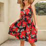 Summer New Plus Size Floral Batch Printing Micro-Elastic V-Neck Nipped Waist
