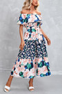 Summer New Plus Size Floral Batch Printing Off Shoulder Ruffle Tie-Waist Shirring Swing Stylish Retro Maxi Dress(With Belt)