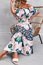 Summer New Plus Size Floral Batch Printing Off Shoulder Ruffle Tie-Waist Shirring Swing Stylish Retro Maxi Dress(With Belt)