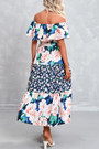 Summer New Plus Size Floral Batch Printing Off Shoulder Ruffle Tie-Waist Shirring Swing Stylish Retro Maxi Dress(With Belt)