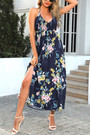 Summer New Plus Size Floral Batch Printing Stretch Halter-Neck Deep-V-Neck Smocked Lace Up Slit Swing Backeless Sexy Pretty Midi Dress