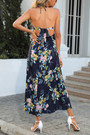 Summer New Plus Size Floral Batch Printing Stretch Halter-Neck Deep-V-Neck Smocked Lace Up Slit Swing Backeless Sexy Pretty Midi Dress