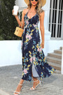 Summer New Plus Size Floral Batch Printing Stretch Halter-Neck Deep-V-Neck Smocked Lace Up Slit Swing Backeless Sexy Pretty Midi Dress