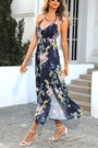 Summer New Plus Size Floral Batch Printing Stretch Halter-Neck Deep-V-Neck Smocked Lace Up Slit Swing Backeless Sexy Pretty Midi Dress