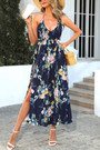 Summer New Plus Size Floral Batch Printing Stretch Halter-Neck Deep-V-Neck Smocked Lace Up Slit Swing Backeless Sexy Pretty Midi Dress