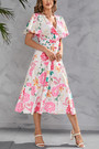 Summer New Plus Size Floral Batch Printing V-Neck Tie-Waist Ruffle Shirring Swing Stylish Retro Midi Dress(With Belt)