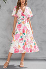 Summer New Plus Size Floral Batch Printing V-Neck Tie-Waist Ruffle Shirring Swing Stylish Retro Midi Dress(With Belt)