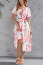 Summer New Plus Size Floral Batch Printing V-Neck Tie-Waist Ruffle Shirring Swing Stylish Retro Midi Dress(With Belt)