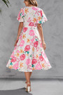 Summer New Plus Size Floral Batch Printing V-Neck Tie-Waist Ruffle Shirring Swing Stylish Retro Midi Dress(With Belt)