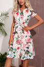 Summer New Plus Size Floral & Leopard Batch Printing Micro-Elastic V-Neck Single Breasted Tie-Waist Pockets Swing Stylish A-Line Mini Dress(With Belt)