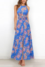Summer New Plus Size Flower Batch Printing Inelastic Halter Neck Backless Lace-Up Split Fashion Sexy Maxi Dress