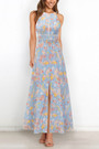 Summer New Plus Size Flower Batch Printing Inelastic Halter Neck Backless Lace-Up Split Stylish Sexy Maxi Dress